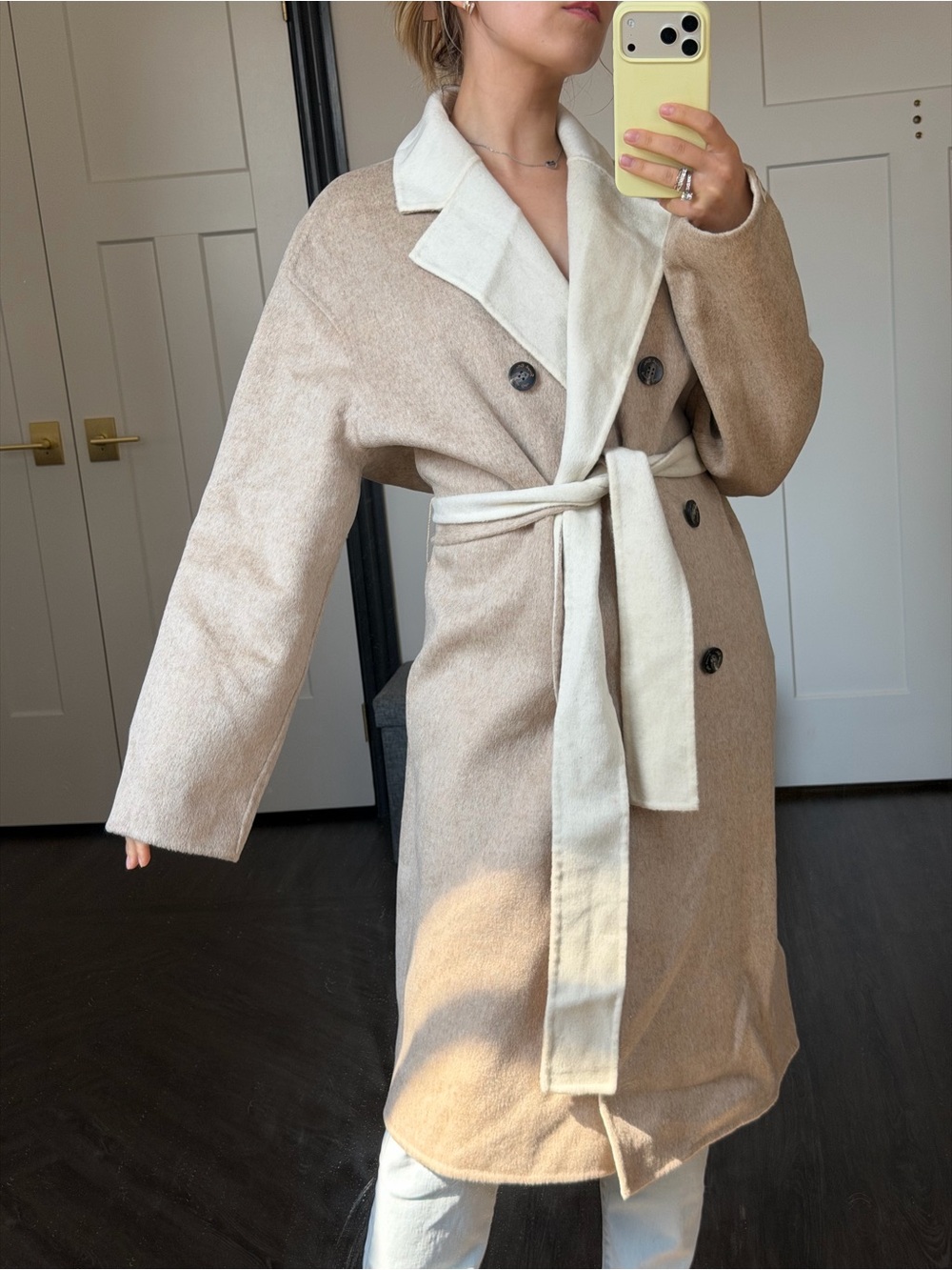 100% wool Reversible Two-Tone Belted Wool Coat - Beige & Cream